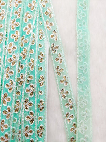 Wholesale Mint Green Net Lace Floral Embroidery & Glitter Gold Sequins, Indian Wedding Border, Gifting Ribbon Costume Trim Fashion Trimming